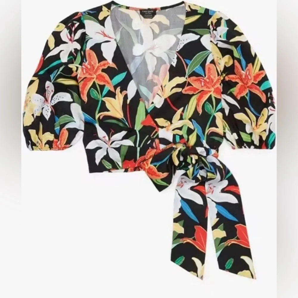 KATE SPADE women’s Summer Lilies Floral-Print Wrap Top